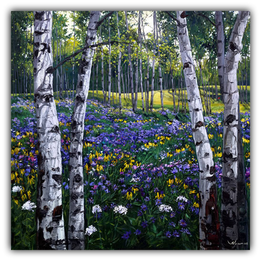 Out of Bounds limited edition giclée on canvas by Jennifer Vranes featuring tall white aspens framing a meadow filled with purple, yellow, and white wildflowers.