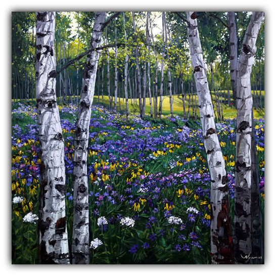 Out of Bounds limited edition giclée on canvas by Jennifer Vranes featuring tall white aspens framing a meadow filled with purple, yellow, and white wildflowers.