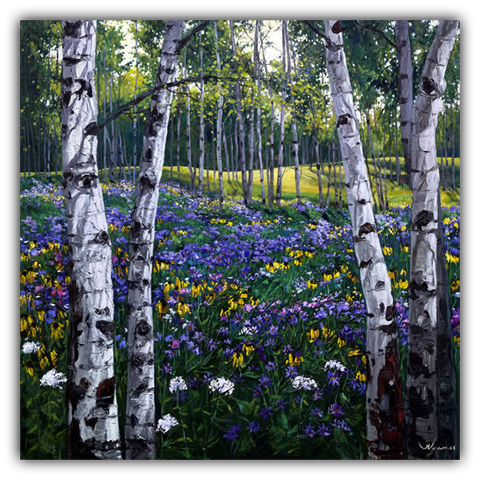 Out of Bounds limited edition giclée on canvas by Jennifer Vranes featuring tall white aspens framing a meadow filled with purple, yellow, and white wildflowers.