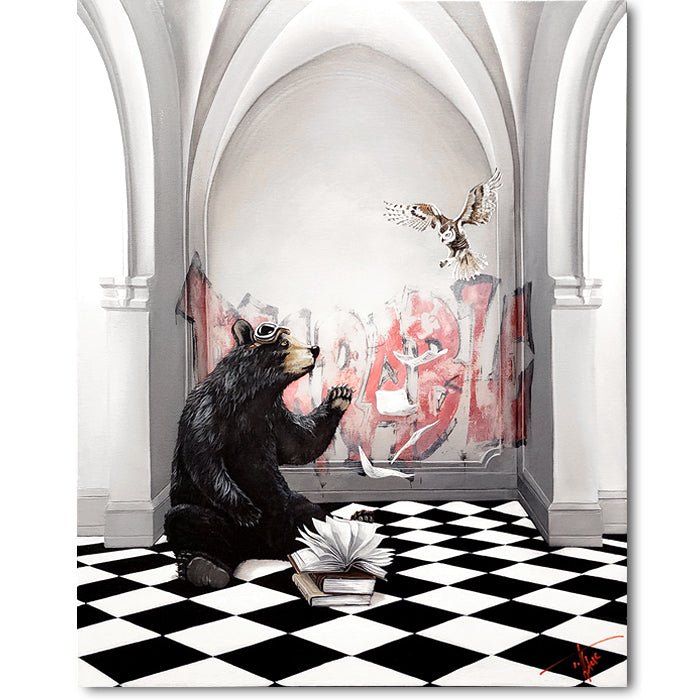 Bearable by Pete Tillack limited edition canvas - black bear in arched hall with black and white checkerboard floor