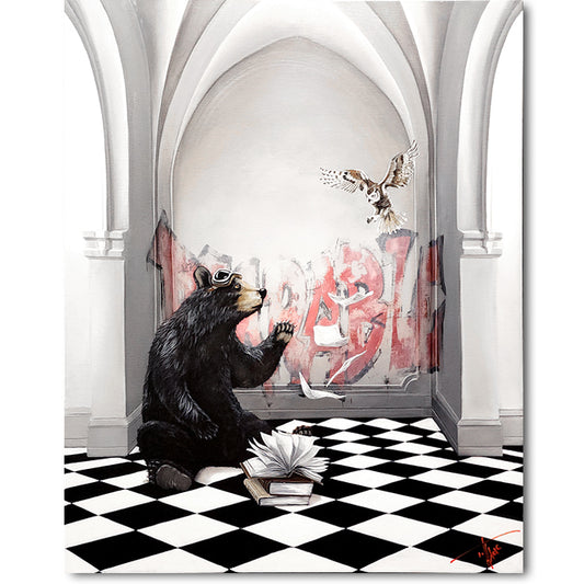 Bearable by Pete Tillack limited edition canvas - black bear in arched hall with black and white checkerboard floor