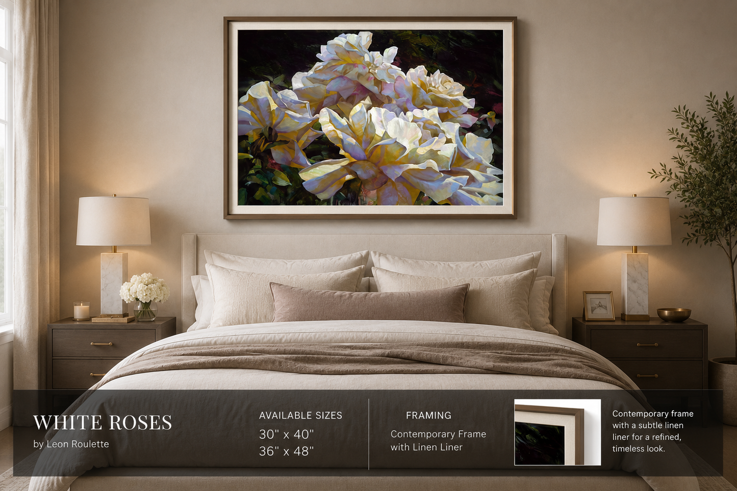 White Roses by Leon Roulette displayed above a king-size bed in a sophisticated master bedroom, highlighting the hand-embellished limited-edition canvas in a warm, serene setting.
