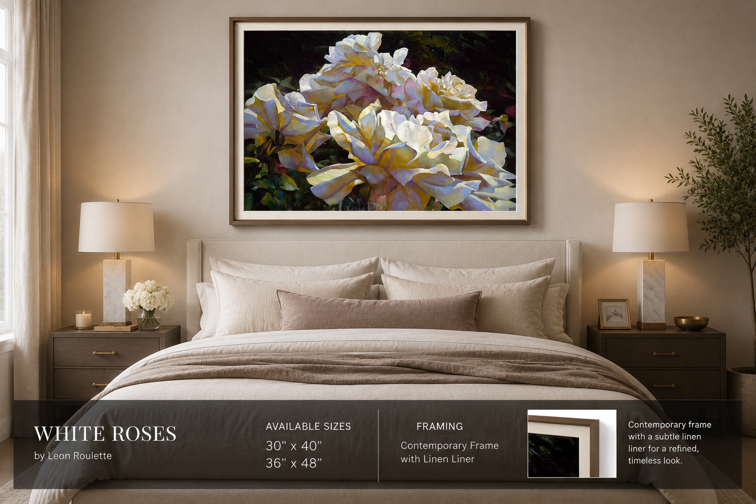 White Roses by Leon Roulette displayed above a king-size bed in a sophisticated master bedroom, highlighting the hand-embellished limited-edition canvas in a warm, serene setting.