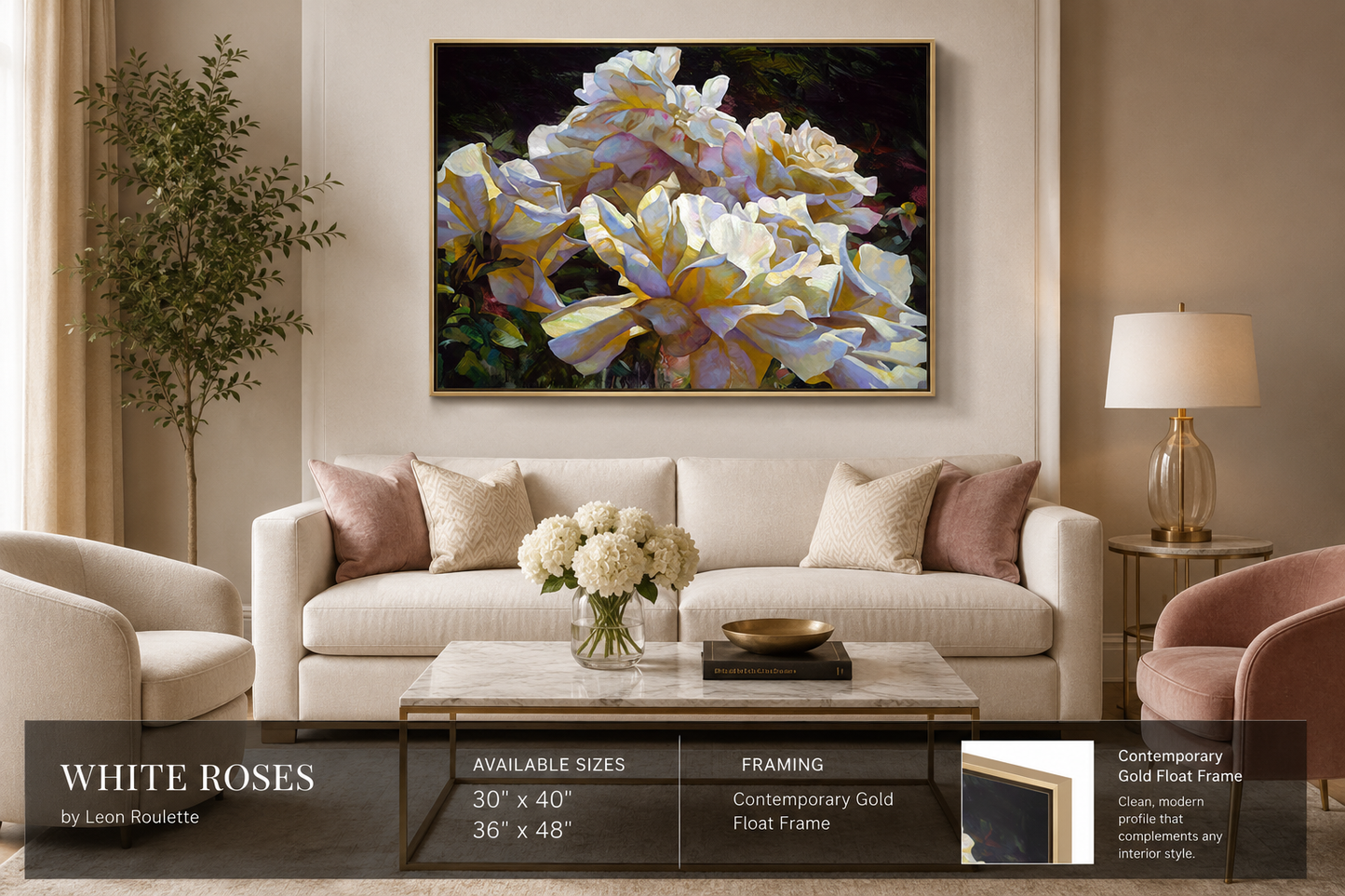 White Roses by Leon Roulette displayed in a contemporary living room above a sofa, showcasing the hand-embellished limited-edition canvas as an elegant floral focal point.