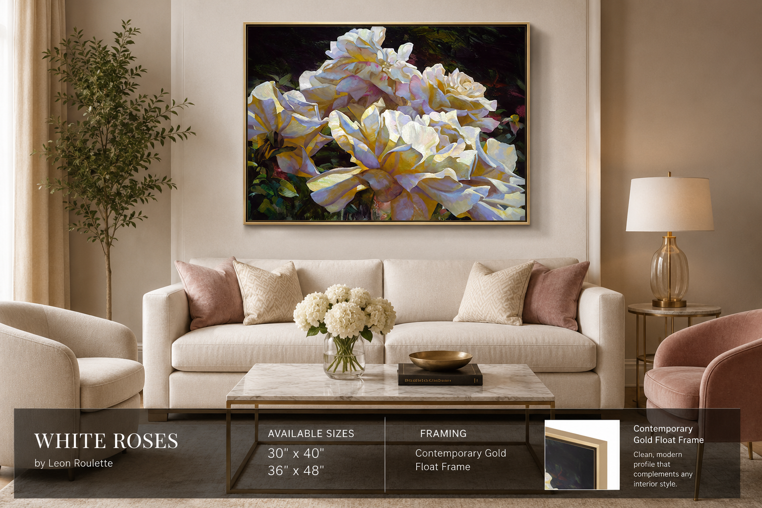 White Roses by Leon Roulette displayed in a contemporary living room above a sofa, showcasing the hand-embellished limited-edition canvas as an elegant floral focal point.