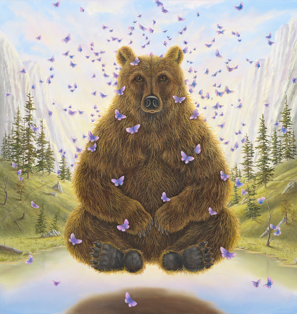 The Yogi by Robert Bissell - bear in yoga meditation floating over the water with butterflies.