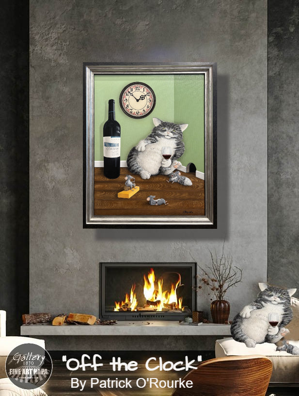 Off the Clock by Patrick O’Rourke – whimsical Mouseterpiece painting featuring a cat with Corison Cabernet Sauvignon and three playful mice, original acrylic (sold), available as limited edition giclée on canvas.