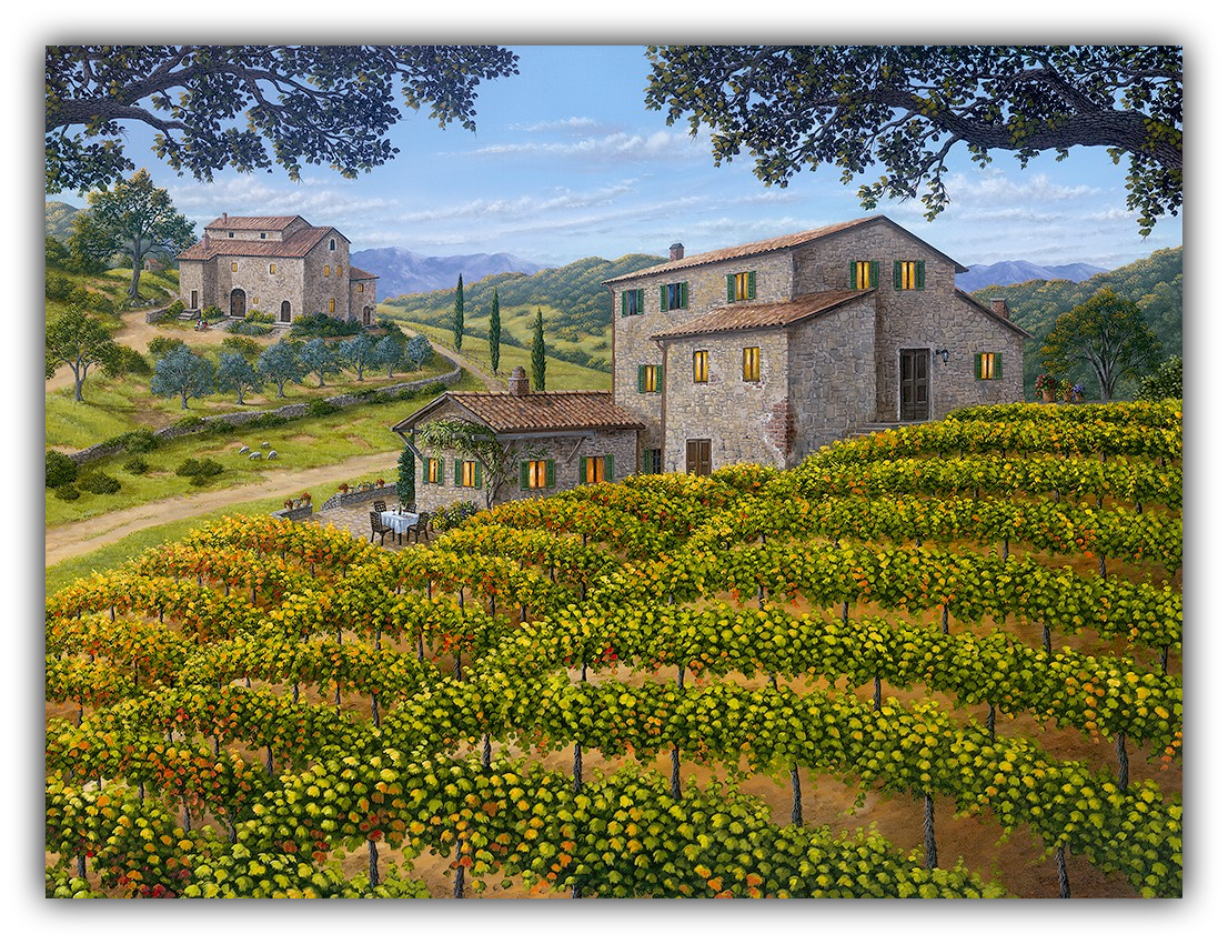 Italian Countryside by Patrick O’Rourke – limited edition acrylic giclée on canvas depicting Tuscan vineyards, stone villas, and golden grapevines under a clear blue sky.
