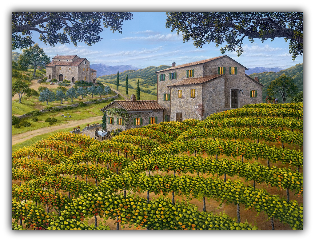 Italian Countryside by Patrick O’Rourke – limited edition acrylic giclée on canvas depicting Tuscan vineyards, stone villas, and golden grapevines under a clear blue sky.