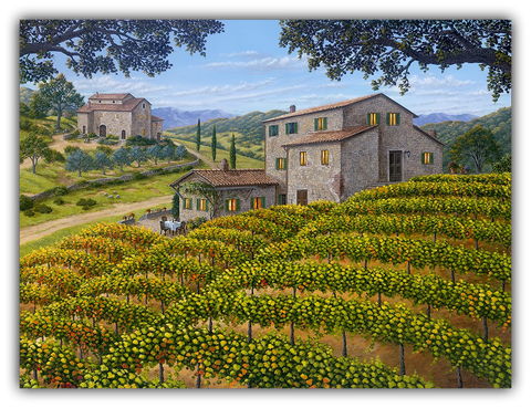 Italian Countryside by Patrick O’Rourke – limited edition acrylic giclée on canvas depicting Tuscan vineyards, stone villas, and golden grapevines under a clear blue sky.