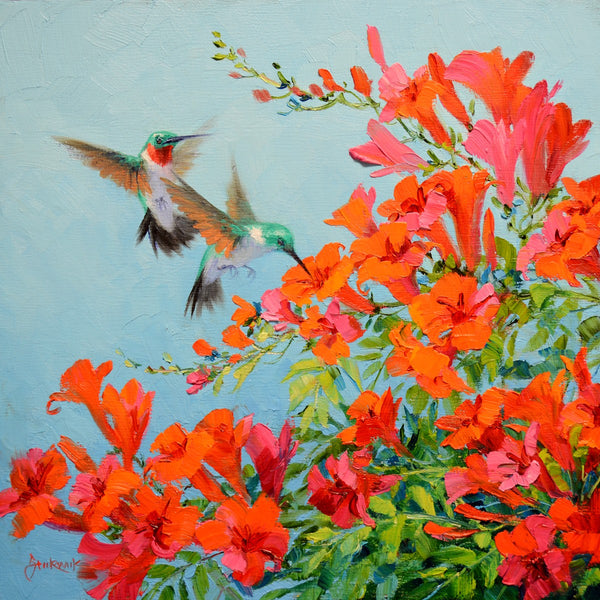 Hummingbird Diptych 10x10" Cradled Panel Original Oils by Mikki Senkarik