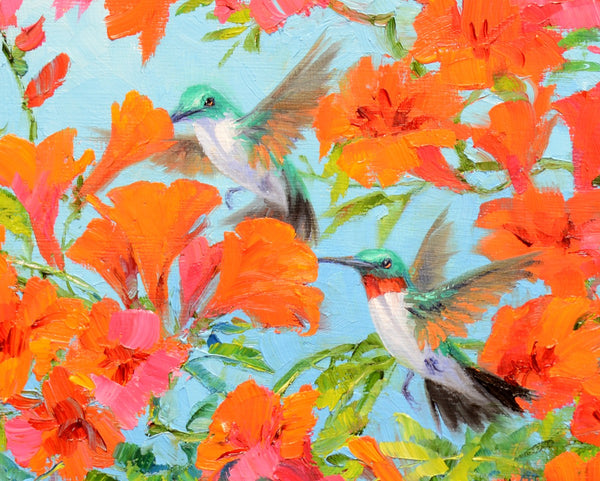 Hummingbird Diptych 10x10" Cradled Panel Original Oils by Mikki Senkarik
