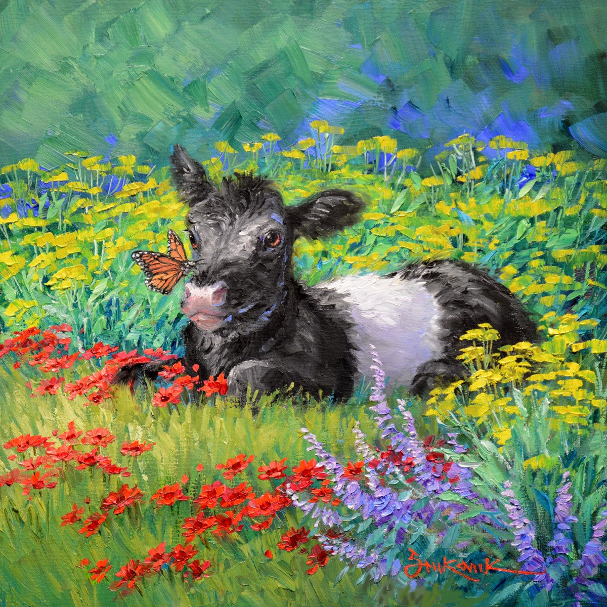 Monarchs Love Oreos original painting by Mikki Senkarik featuring a monarch butterfly and an oreo cow.