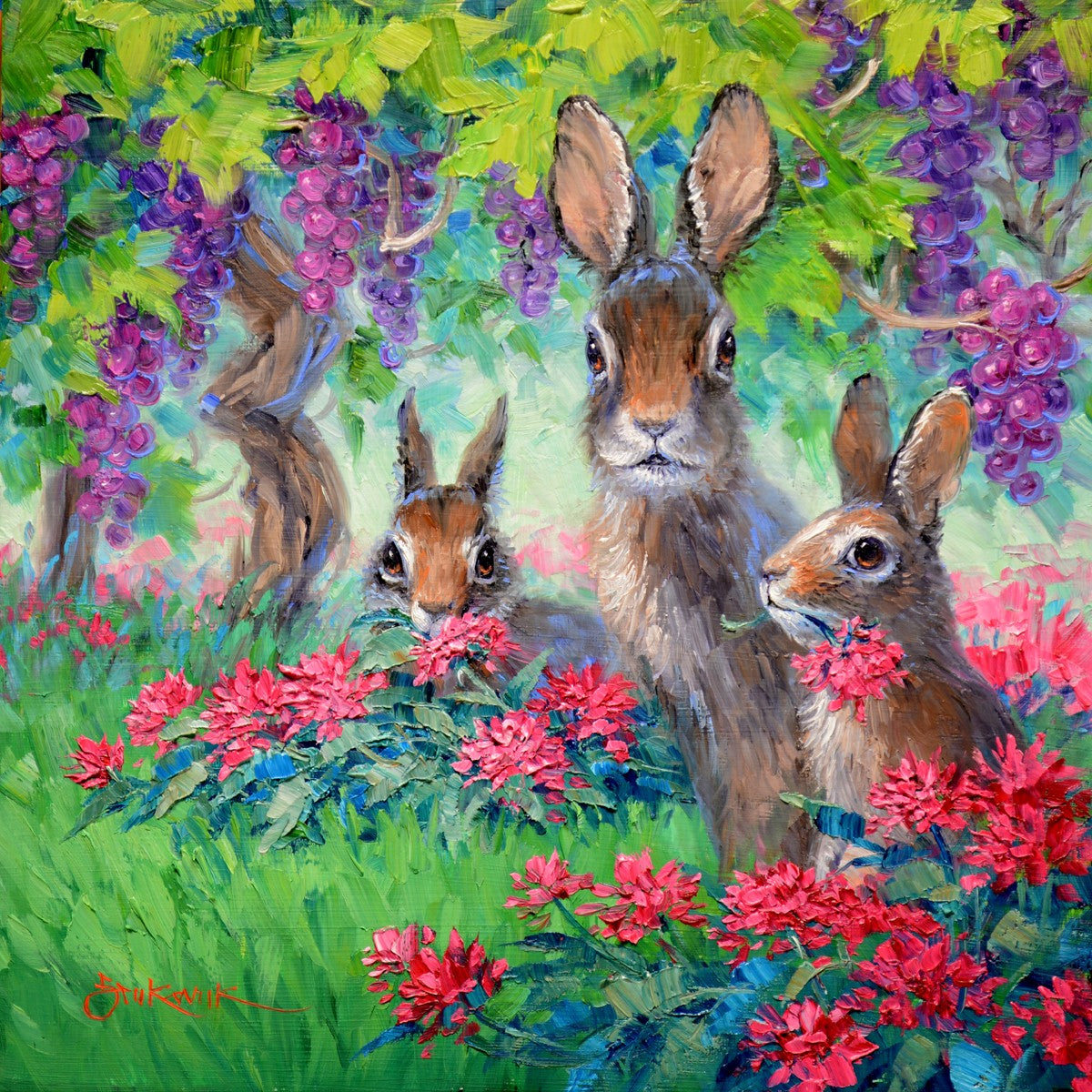 Caught in the Act oil painting by Mikki Senkarik featuring three bunnies amongst the wine country grape vines.