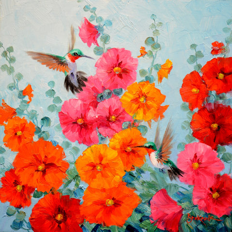 Hummin’ in the Hollies 10x10" original oil painting by Mikki Senkarik featuring two hummingbirds among vibrant pink, orange, and red hollyhock flowers. Ready to hang or frame.