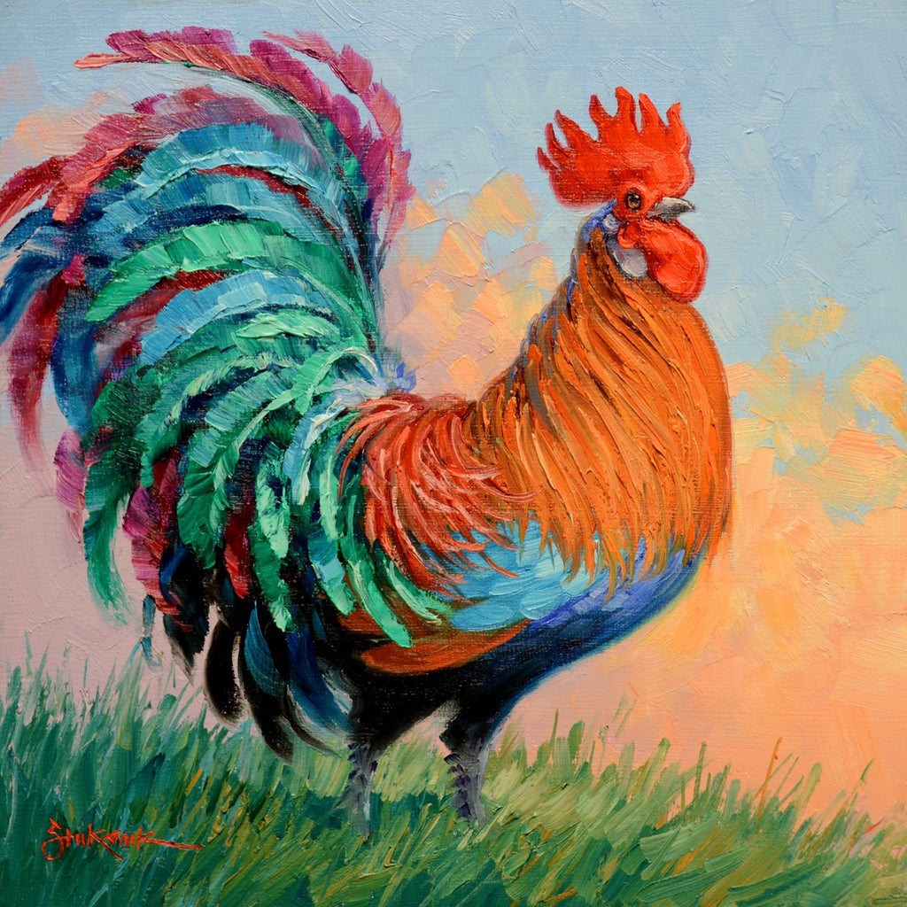 Sunrise Sentinel by Mikki Senkarik, a 10x10 original oil painting on cradled panel depicting a colorful rooster standing in grass at sunrise with expressive brushstrokes.