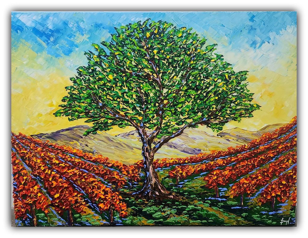 Original heavy impasto acrylic painting Vineyard of Colorful Bounty by Isabelle Dupuy featuring a vibrant vineyard with a large green tree under a golden sky.