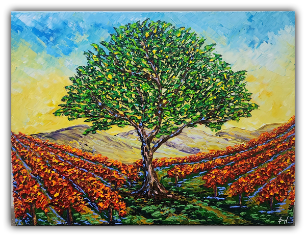 Original heavy impasto acrylic painting Vineyard of Colorful Bounty by Isabelle Dupuy featuring a vibrant vineyard with a large green tree under a golden sky.
