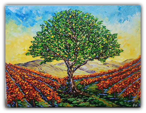 Original heavy impasto acrylic painting Vineyard of Colorful Bounty by Isabelle Dupuy featuring a vibrant vineyard with a large green tree under a golden sky.