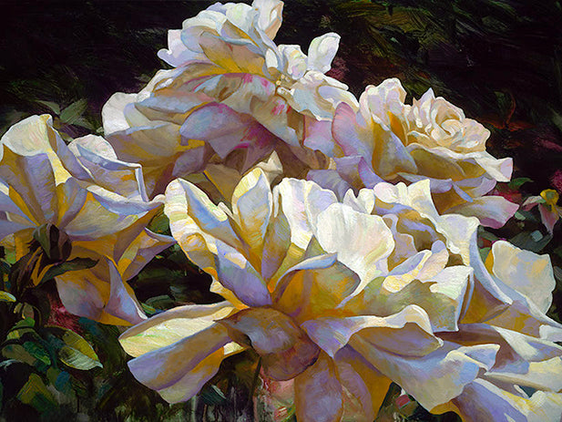 White Roses by Leon Roulette, hand-embellished limited-edition canvas featuring luminous white roses in warm golden sunlight