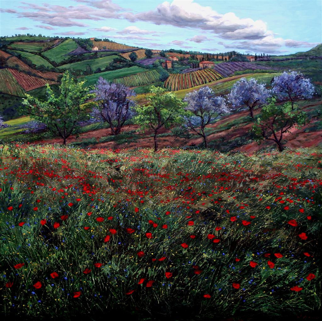 Outside San Gimignano limited edition giclée on canvas by Jennifer Vranes featuring Tuscan hills, vineyards, olive trees, and a field of red poppies under a blue sky.