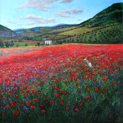 Poppy Paradise limited edition giclée on canvas by Jennifer Vranes featuring a vivid red poppy field, wildflowers, rolling hills, and a Tuscan villa in the distance.