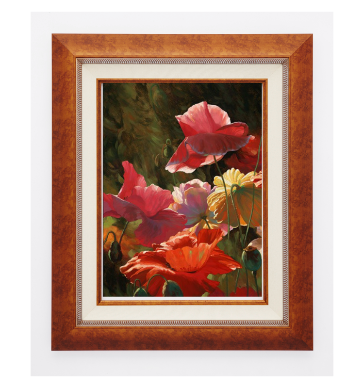 Poppies in Sunshine by Leon Roulette - custom framed - not to size