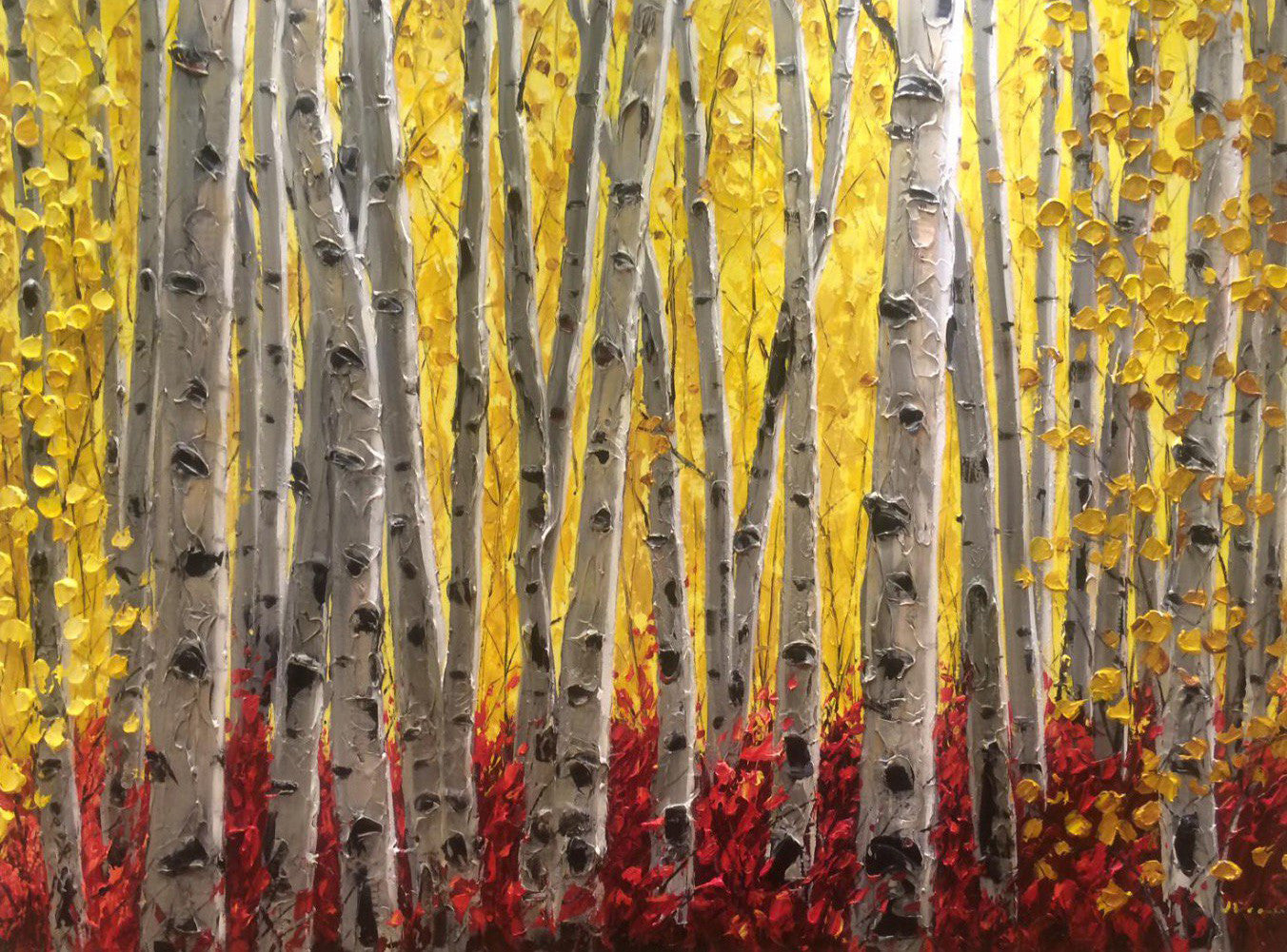 Aspen Sunshine limited edition giclée on canvas by Jennifer Vranes featuring a golden aspen forest with textured white trunks, yellow leaves, and a deep red forest floor.