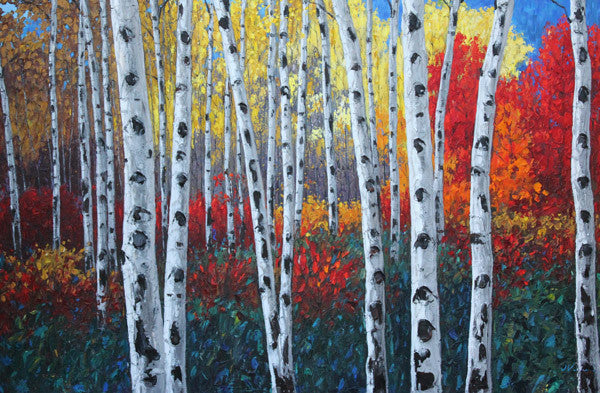 Autumn Concerto limited edition giclée on canvas by Jennifer Vranes featuring a colorful autumn forest of tall white aspens surrounded by red, gold, and orange foliage.