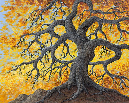 Original acrylic painting of an oak tree with autumn leaves on a canvas, featuring a heavily textured surface.