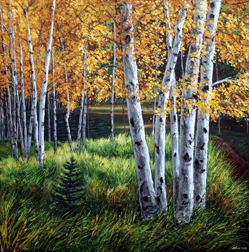 Autumn Path limited edition giclée on canvas by Jennifer Vranes featuring golden aspen trees with white trunks rising above green grasses in a peaceful fall landscape.