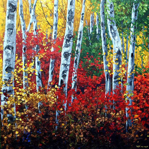 Autumn’s Paintbrush limited edition giclée on canvas by Jennifer Vranes featuring tall white aspens surrounded by vibrant red, yellow, and green fall foliage.