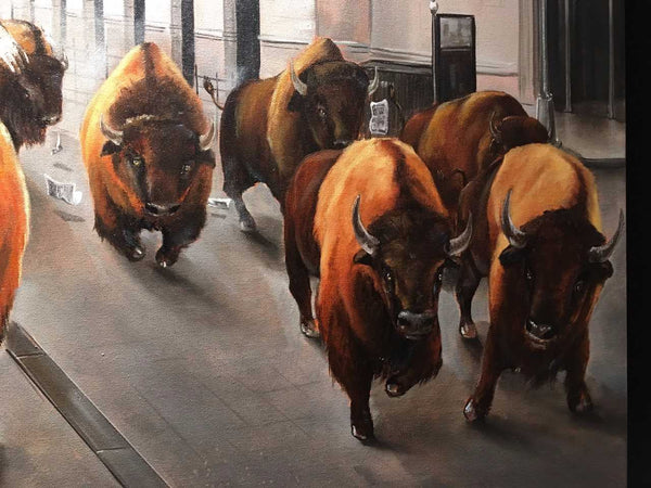 Bull Market by Pete Tillack featuring Bison walking down Wall Street