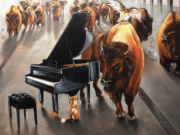 Bull Market by Pete Tillack featuring Bison, a grand piano and a fox