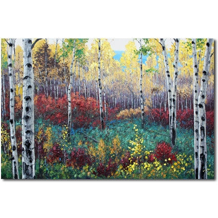 Canadian Fall limited edition giclée on canvas by Jennifer Vranes featuring a grove of white aspens with brilliant yellow, red, and green foliage in autumn.