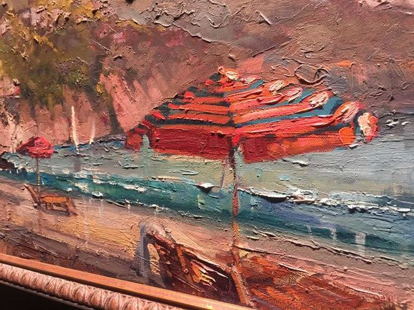 Italian Riviera palette knife painting by Steven Quartly close up.