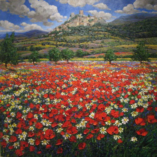 Colors of Italy limited edition giclée on canvas by Jennifer Vranes featuring a vibrant field of red poppies and daisies with rolling Tuscan hills and a hilltop village.