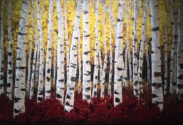 Crimson Midnight limited edition giclée on canvas by Jennifer Vranes featuring tall white aspens with golden foliage above and crimson leaves below.