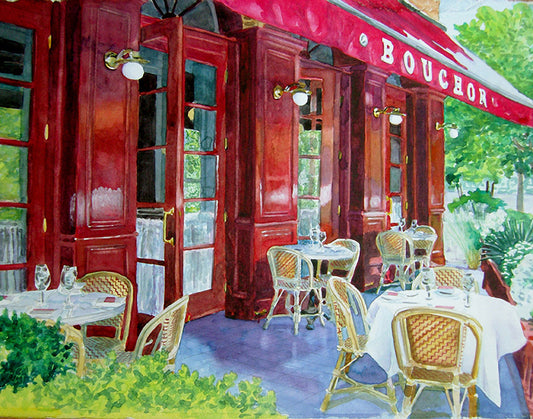 A vibrant giclée on canvas painting of Bouchon Restaurant, featuring the restaurant's facade and outdoor seating area by Gail Chandler