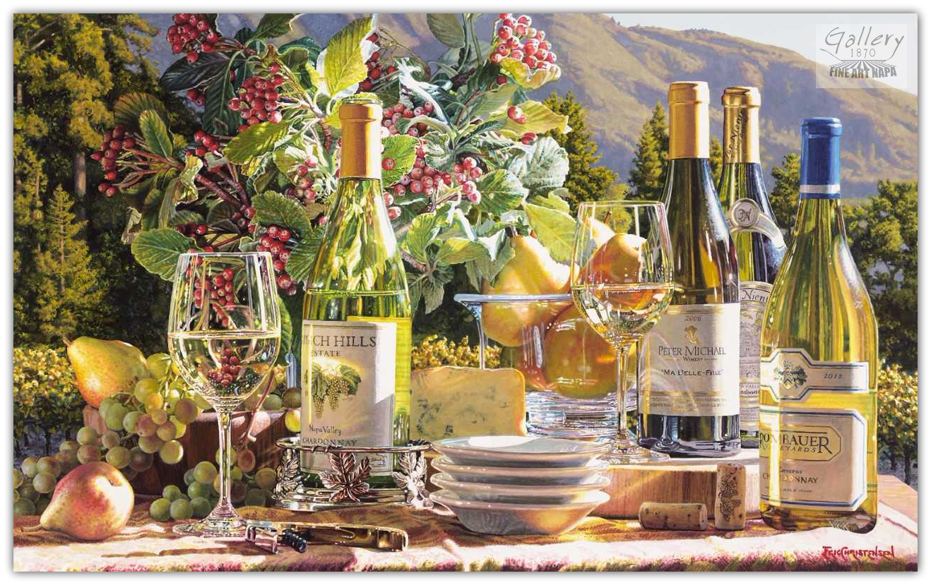 Gold Rush painting by Eric Christensen – hyperrealistic Napa Valley wine art with Chardonnay still life”