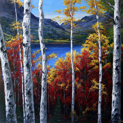 Land of Promise limited edition giclée on canvas by Jennifer Vranes featuring tall white aspens framing a blue lake with red and gold autumn foliage and mountains beyond.