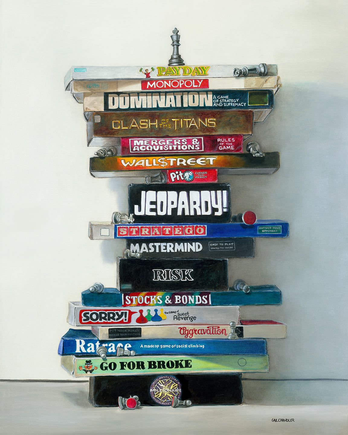 Master of the Games painting of board games by Gail Chandler