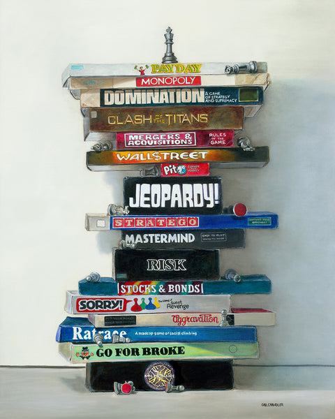 Master of the Games painting of board games by Gail Chandler