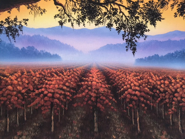 Mist in the Fall by wine country artist Patrick O'Rourke features the Napa Valley in fall.