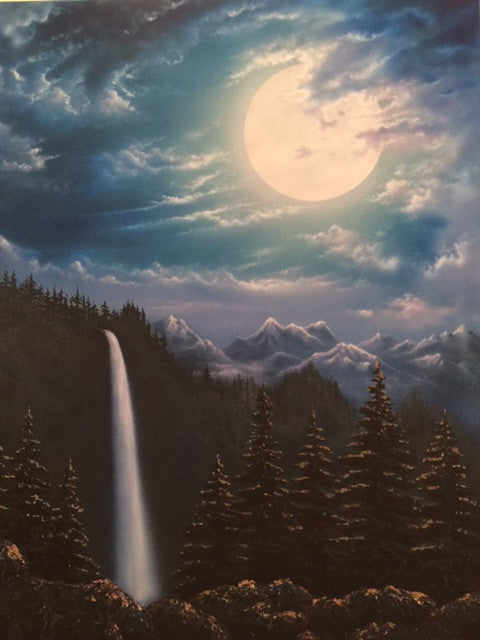 Moonfall by Patrick O'Rourke features a moonlit waterfall cascading down into the forest.