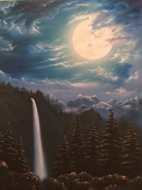 Moonfall by Patrick O'Rourke features a moonlit waterfall cascading down into the forest.