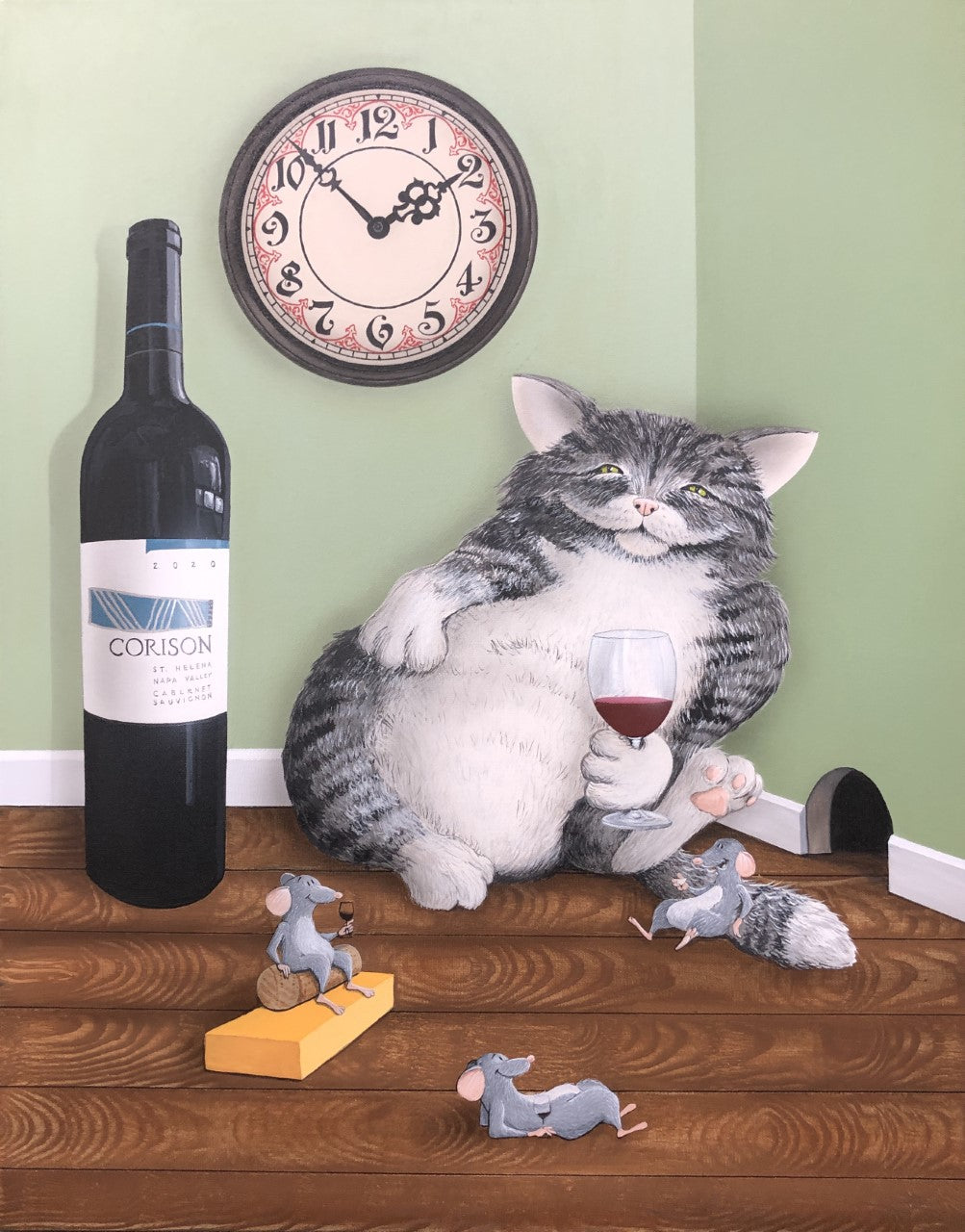 Off the Clock by Patrick O’Rourke – whimsical Mouseterpiece painting featuring a cat with Corison Cabernet Sauvignon and three playful mice, original acrylic (sold), available as limited edition giclée on canvas.