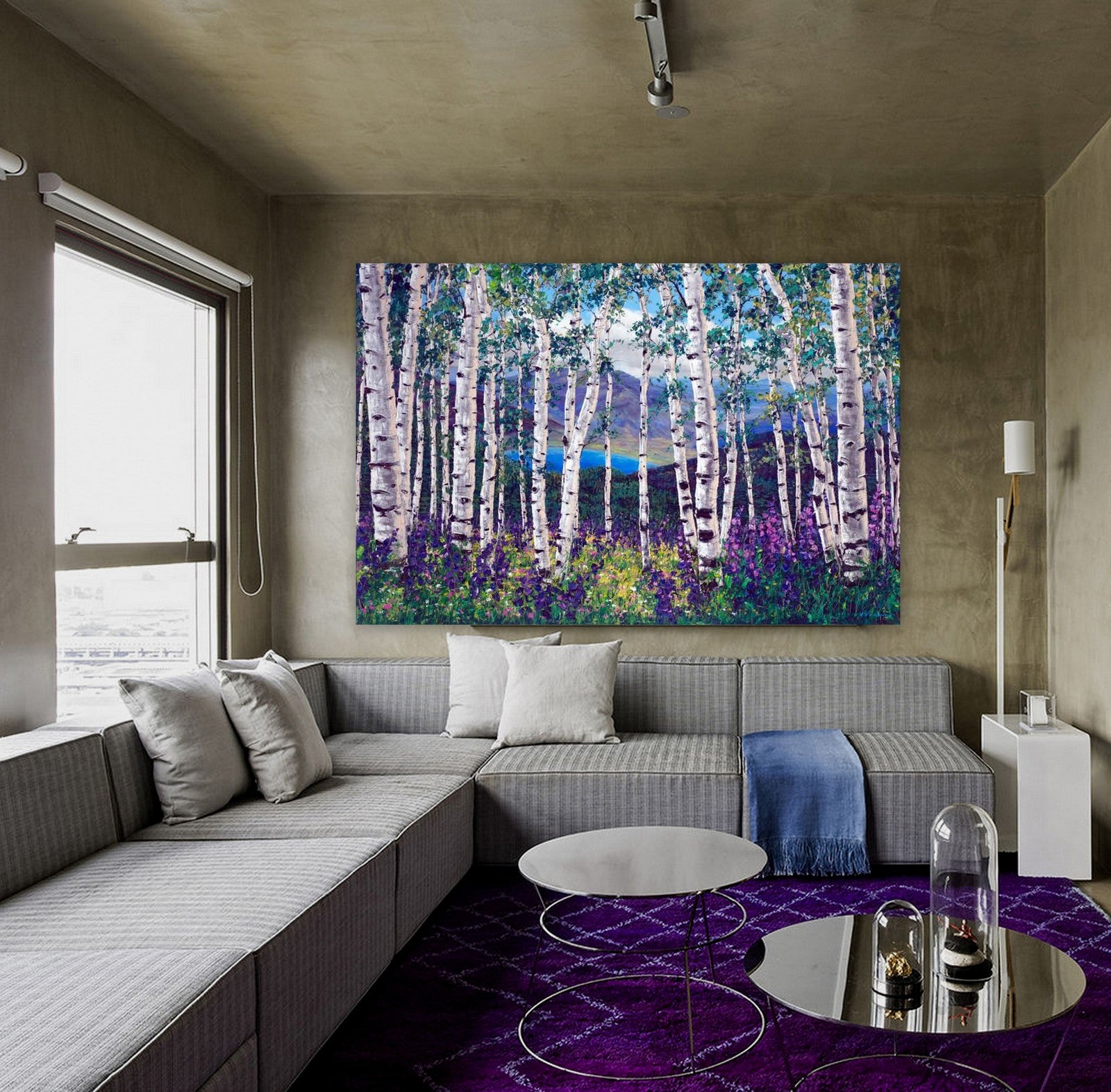 Peaceful Wonder limited edition giclée on canvas by Jennifer Vranes featuring white aspens, purple and yellow wildflowers, and distant mountains.