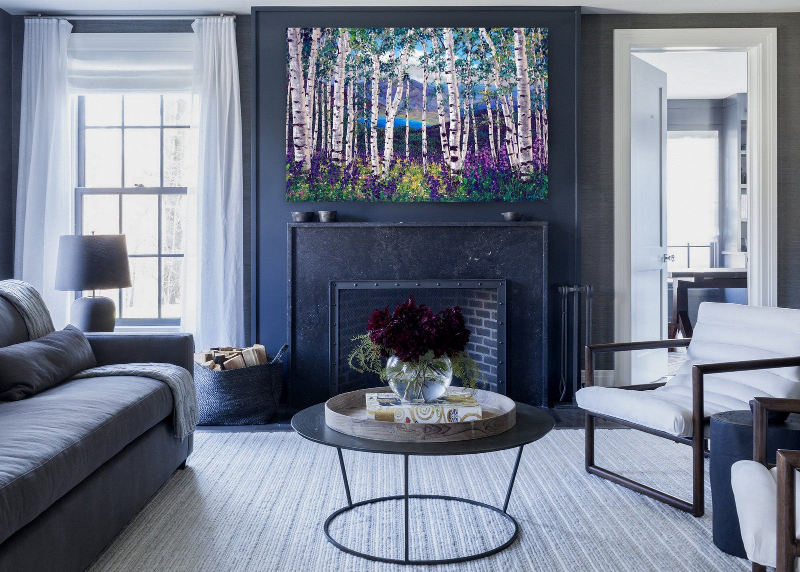 Peaceful Wonder limited edition giclée on canvas by Jennifer Vranes featuring white aspens, purple and yellow wildflowers, and distant mountains.