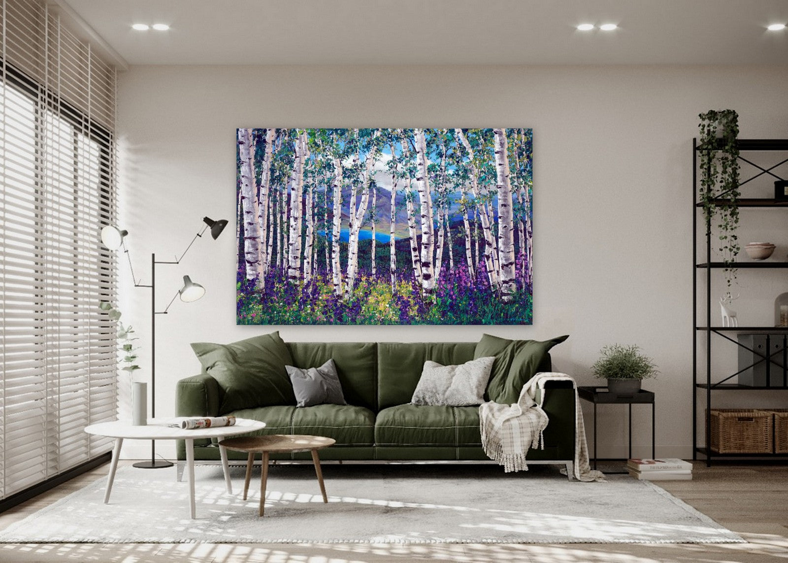 Peaceful Wonder limited edition giclée on canvas by Jennifer Vranes featuring white aspens, purple and yellow wildflowers, and distant mountains.